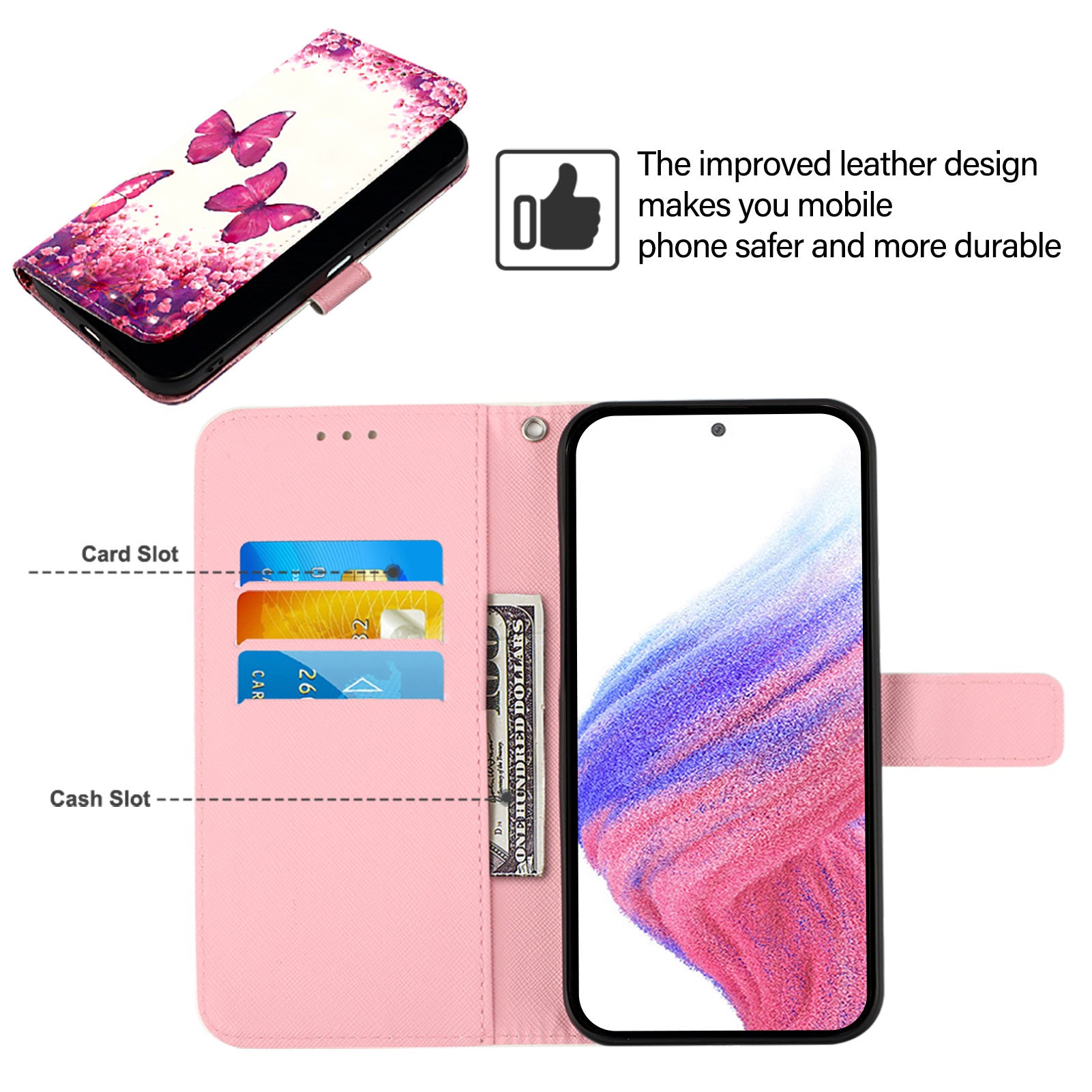 For Samsung Galaxy A16 5G / A16 4G Leather Case YB Pattern Printing Leather Series-2 Pattern Printing Wallet Stand Cover - Rose Butterflies For Samsung Galaxy A16 5G / A16 4G Leather Case YB Pattern Printing Leather Series-2 Pattern Printing Wallet Stand Cover - Rose Butterflies
